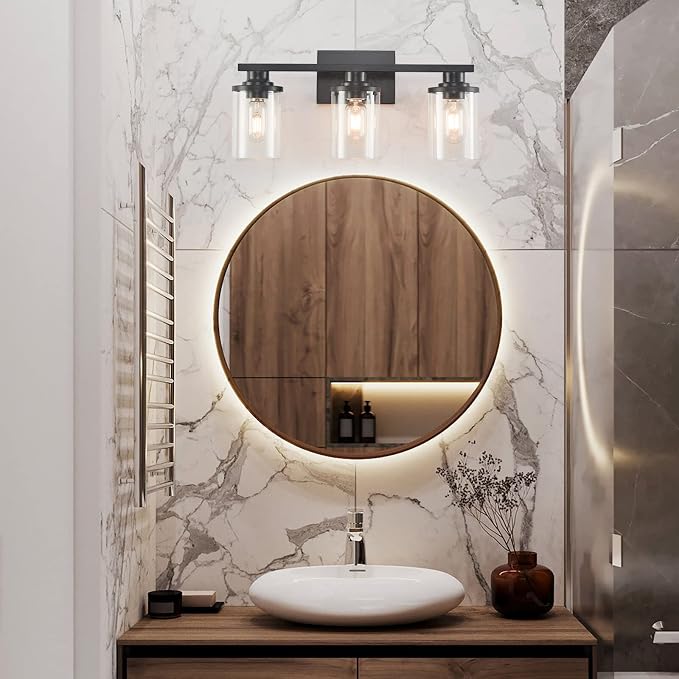 3 Light Black Bathroom Vanity Light Fixtures with Clear Glass Shade, Modern Wall Sconces Lighting for Bathroom Over Mirror