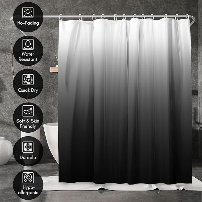 Americanflat 71x74 Black Ombre Shower Curtain - Water-Resistant Long Shower Curtain with Durable Metal Grommets and 12 Hooks - 100% Polyester