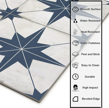 The Tiles Plaza Encaustic Peel and Stick Backsplash, Blue Star Patterned Vintage Stick on Tiles, Stone Composite Self-Adhesive Wall Tile Sticker for Kitchen Bathroom Fireplace Stairs, 10 Sheets