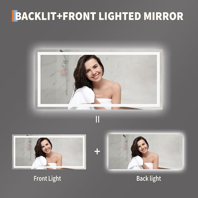 GarveeHome 55x26 LED Bathroom Mirror with Lights, Dimmable, Anti-Fog, Backlit + Front Lit, Lighted Bathroom Vanity Mirror for Wall, Memory Function, Shatter-Proof (Horizontal/Vertical)