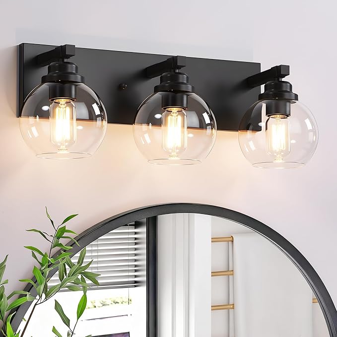 Bathroom Light Fixtures, 3-Light Matte Black Vanity Lights, Modern Bathroom Lighting Fixtures Over Mirror, Farmhouse Vanity Lights with Glass Shade for Living Room, Bedroom, Hallway