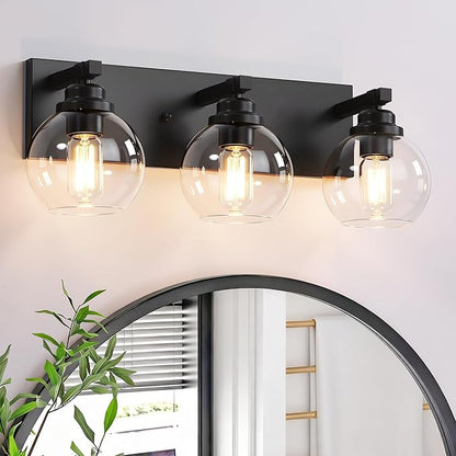 Bathroom Light Fixtures, 3-Light Matte Black Vanity Lights, Modern Bathroom Lighting Fixtures Over Mirror, Farmhouse Vanity Lights with Glass Shade for Living Room, Bedroom, Hallway