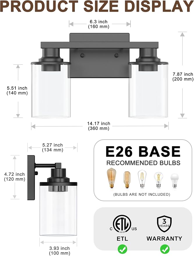 L LOHAS LED 2-Light Bathroom Vanity Light, Black | Clear Glass Shades; Modern Lighting Fixture for Bathrooms and Bedrooms; ETL Listed