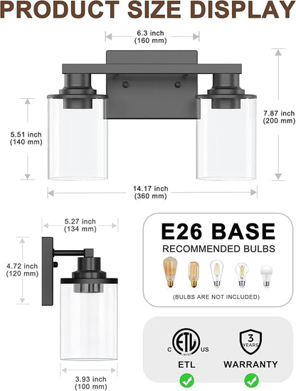 L LOHAS LED 2-Light Bathroom Vanity Light, Black | Clear Glass Shades; Modern Lighting Fixture for Bathrooms and Bedrooms; ETL Listed