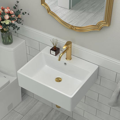 Wall Mounted Bathroom Vessel Sink | Beslend 20''x18'' Rectangle White Porcelain Ceramic Vessel Sink Floating Art Basin with Faucet Hole and Overflow