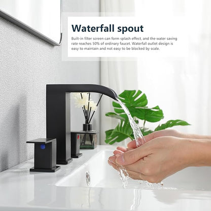 VCCUCINE Matte Black Bathroom Faucets 3 Hole, 8 Inch Widespread Square Waterfall Bathroom Sink Faucet,Black Vanity Bathroom Faucets for Vanity, Restroom, Commercial with Pop Up Drain and Supply Lines