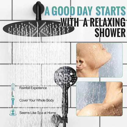 SR SUN RISE Shower Faucet - 12 Inch Multifunctional High Pressure Shower Head System with Handheld Shower Head Fixtures - Valve Included - Matte Black