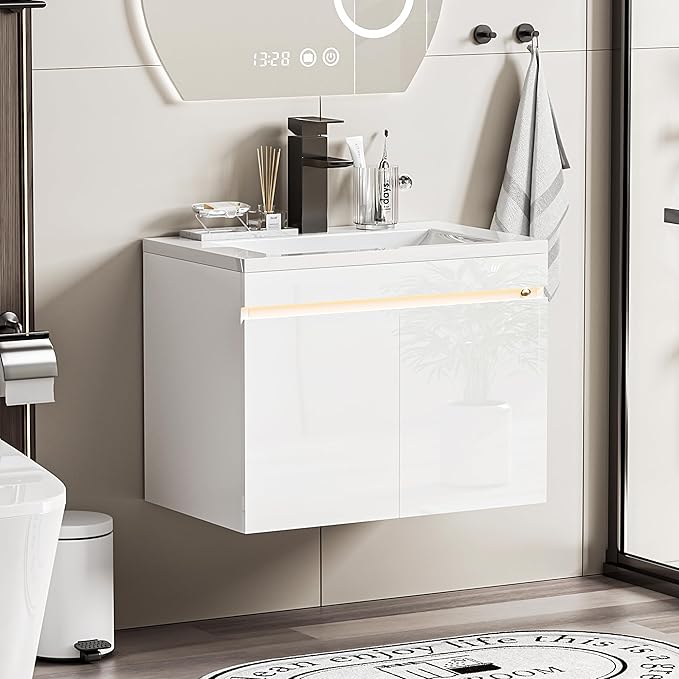 Spurgehom 24 inch Bathroom Vanity with Sink and Faucet, Floating Vanity Bathroom Cabinet with Night Light Motion Sensor, Modern Wall Mounted Bathroom Storage Cabinet, Soft-Close System, White