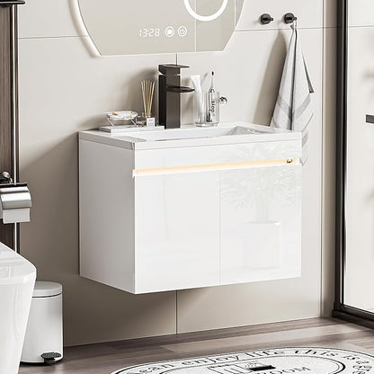 Spurgehom 24 inch Bathroom Vanity with Sink and Faucet, Floating Vanity Bathroom Cabinet with Night Light Motion Sensor, Modern Wall Mounted Bathroom Storage Cabinet, Soft-Close System, White