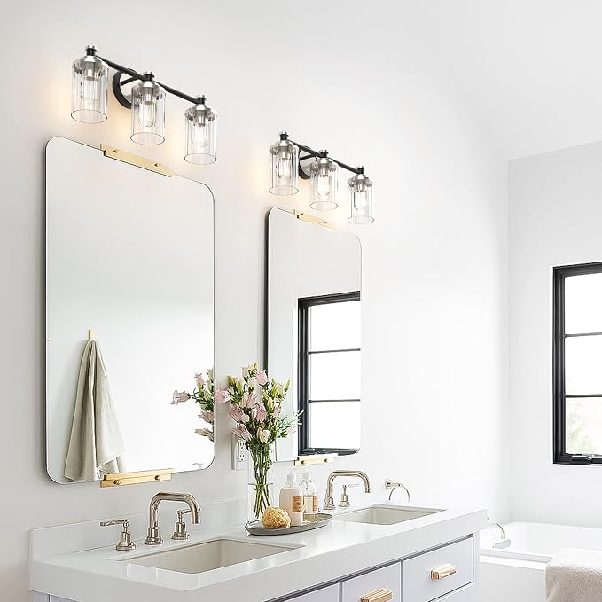 Bathroom Lighting Fixtures Black and Brushed Nickel Bathroom Vanity Light with Cylindrical Clear Stripes Glass Lampshade E26 Socket Base Bathroom Lighting Fixtures Over Mirror (3 Lights)
