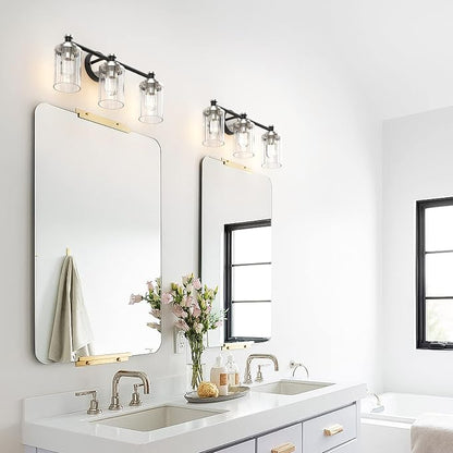 Bathroom Lighting Fixtures Black and Brushed Nickel Bathroom Vanity Light with Cylindrical Clear Stripes Glass Lampshade E26 Socket Base Bathroom Lighting Fixtures Over Mirror (3 Lights)