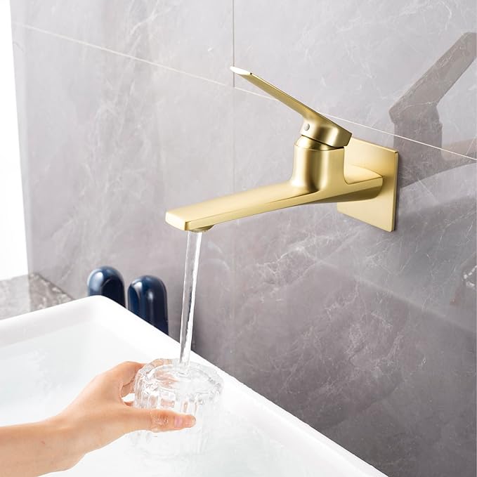Modern Wall Mount Bathroom Faucet –Brushed Gold,Solid Brass Single Handle with Flip Aerator (2 Flow Modes), Rough-in Valve for Concealed Installation