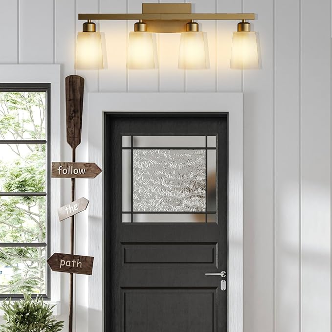 Lightdot 4 Light Bathroom Vanity Light, 26.5" Gold Bathroom Light Fixtures with Frosted Glass Waterproof Shades, Rust-Proof Modern Vanity Lights Over Mirror for Kitchen Hallway Cabinet Porch
