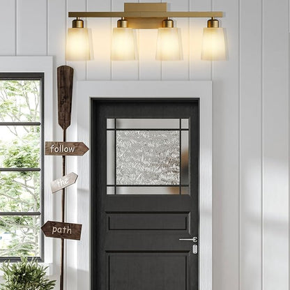 Lightdot 4 Light Bathroom Vanity Light, 26.5" Gold Bathroom Light Fixtures with Frosted Glass Waterproof Shades, Rust-Proof Modern Vanity Lights Over Mirror for Kitchen Hallway Cabinet Porch