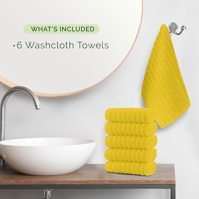 Elegant Comfort 100% Turkish Cotton Corduroy Ribbed Luxury Washcloths 6 Pack Soft 13 x 13 Inch - Higly Absorbent, Durable, Quick Dry, Spa Premium Hotel Quality for Bathroom or Travel, Yellow