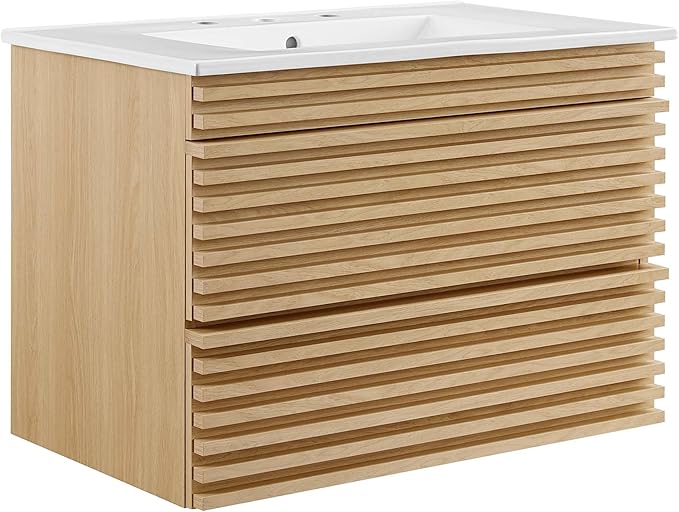 Modway Render 30" Wall-Mount Bathroom Vanity in Oak White