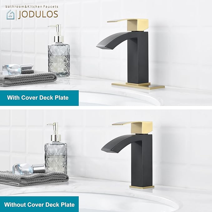 Single Hole Bathroom Faucet, Single Handle Bathroom Sink Faucet with cUPC Supply Hose and Pop Up Stopper, Black and Gold Faucet with 6 inch Deck Plate JU-BS100-BKG