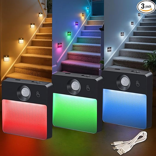 3 Pack Motion Sensor Stair Light for Indoor, Rechargeable Battery Operated Night Lights, RGBW Stick On Closet Lamp, Motion Activated Magnetic Lighting Lamps for Step, Cabinet,Hallway,Bathroom