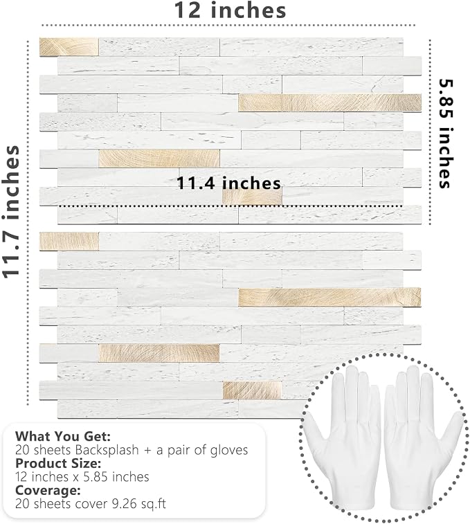 STICKGOO 20 Sheets Peel and Stick Backsplash Tile, Stick on Backsplash for Kitchen and Bathroom, White Sandstone Look PVC Mixed Metal Gold Self Adhesive Wall Tiles