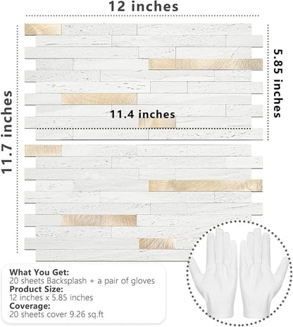 STICKGOO 20 Sheets Peel and Stick Backsplash Tile, Stick on Backsplash for Kitchen and Bathroom, White Sandstone Look PVC Mixed Metal Gold Self Adhesive Wall Tiles