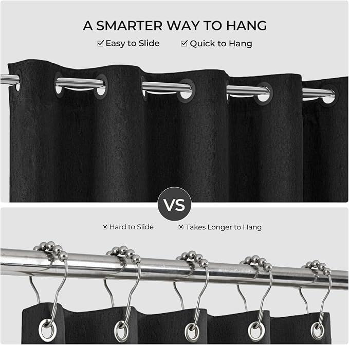 River Dream Linen Textured No Hooks Shower Curtain with Liner,Black,71x74 | with Snap-in Liner,Heavy Duty Fabric,Quick Dry,Bottom Magnets,Water-Repellent,Washable,Farmhouse Bathroom Set