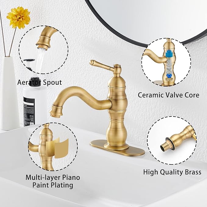 Antique Brass Bathroom Faucet GGStudy 360° Swivel Bathroom Vanity Faucet Single Handle One Hole Basin Matching Pop Up Drain with Overflow