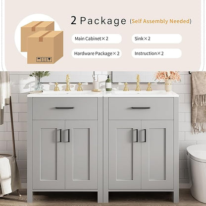 48" Bathroom Vanity Set with Double Sink, Harper & Bright Designs Free Standing Single Basin Vanity Set with 2 Soft-Close Doors and Drawer, Wooden Storage Cabinet with Ceramic Basin for Bathroom, Grey