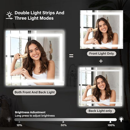 XRAMFY 40"X40" LED Bathroom Mirror, Backlit + Front Lit Wall Mirror | LED Bathroom Mirror with Lights for Wall, 3 Colors, Anti-Fog, Dimmable Brightness, Tempered Glass