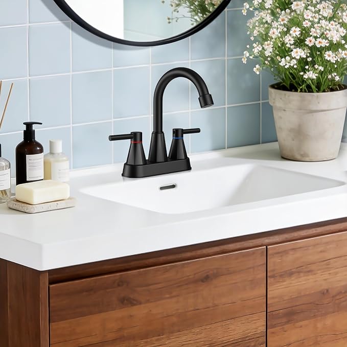 Matte Black Bathroom Sink Faucet, 2-Handle 4-inch Centerset Faucet | Lead-free stainless steel, pop-up drain included, Detachable faucet aerator, 360°swivel spout, for vanity sink 3-hole mount