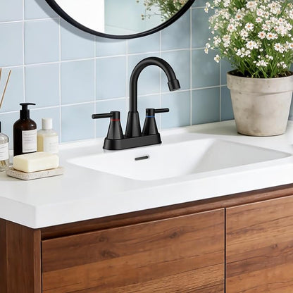 Matte Black Bathroom Sink Faucet, 2-Handle 4-inch Centerset Faucet | Lead-free stainless steel, pop-up drain included, Detachable faucet aerator, 360°swivel spout, for vanity sink 3-hole mount