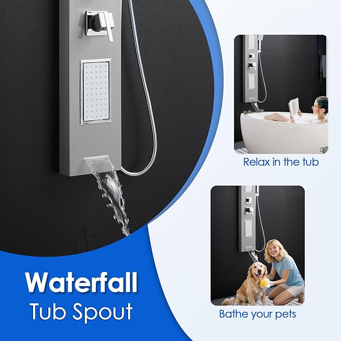ROVOGO Led Shower Panel Tower System, 2-Setting Lighted Shower Head (Rainfall & Mist Mode), Large Body Jets, Handheld and Tub Spout, 50" Stainless Steel Shower Column with Mixer Valve, Brushed