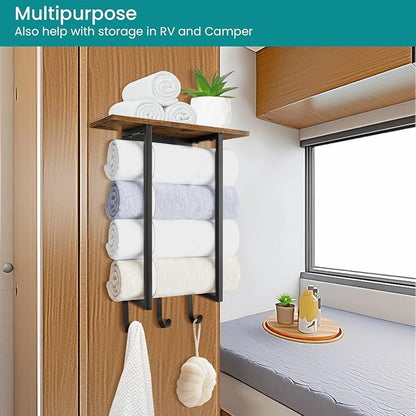 ELITEROO Towel Racks for Bathroom Wall Mounted, Hanging Towel Holder | Wood Towel Rack Shelf with 3 Hook for Washcloths Hand Towel, Bath Towel Storage Organizer for Bathroom, RV, Rustic Brown