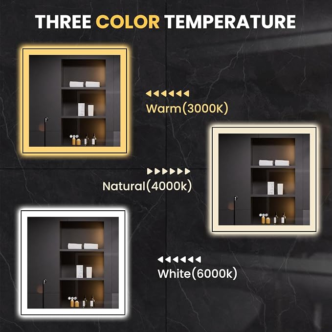 LOAAO 32"X32" LED Bathroom Mirror Black Framed | Anti-Fog, Dimmable, Memory Function, Tempered Glass, Lighted Vanity Mirror for Wall