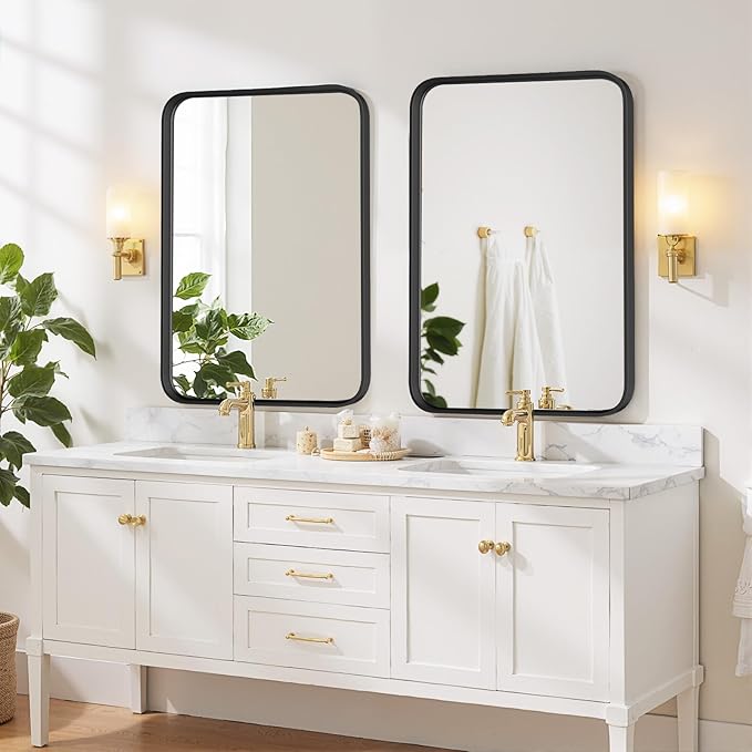 Bathroom Mirror 40x30 Inch Black Metal Frame Rectangle Vanity Mirror | Modern Wall Mounted Anti-Rust Mirror with Rounded Corners for Farmhouse, Restroom, Entryway, Horizontal or Vertical Hanging
