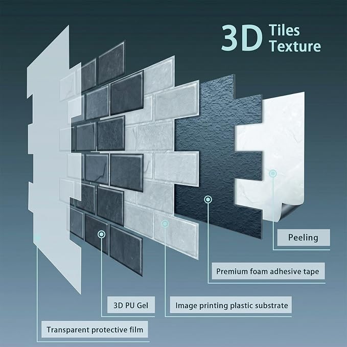 Arttown Peel and Stick 3D Wall Backsplash, 10-Sheet, 12" × 12" Marble Grey | Subway Tiles Self Adhesive Thicker Design Wall Tile Panel Wallpaper for Bathroom Balcony Kitchen Rental Housing