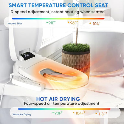 Elongated Bidet Toilet Seat, Smart Heated Toilet Seat with Warm Water and Dryer