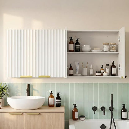 ChooChoo Bathroom Wall Cabinet, Laundry Room Cabinet with 4 Fluted Doors | Kitchen Storage Cupboard Cabinet with Adjustable Shelf, Fluted Wall-Mounted Medicine Cabinet for Kitchen, Garage, White
