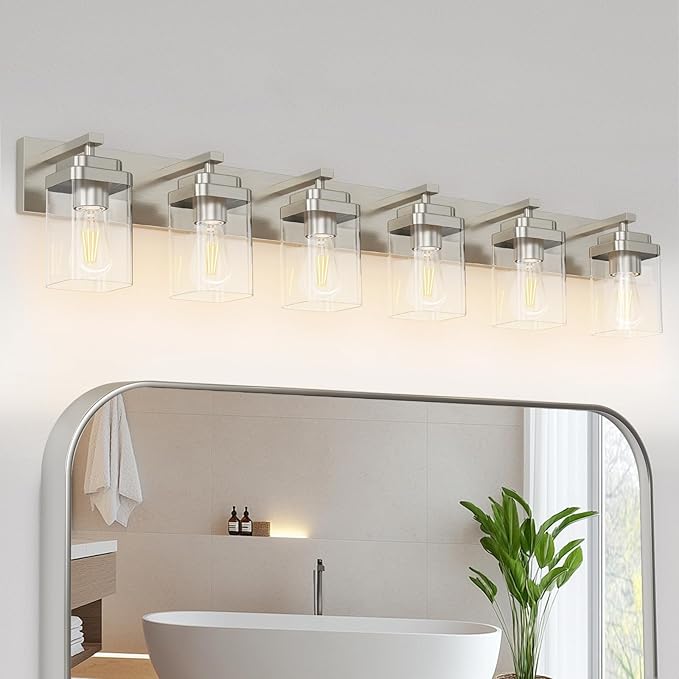 Brushed Nickel Bathroom Light Fixtures, 6 Lights Bathroom Lighting Fixtures Over Mirror, Square Design & Rectangle Large Backplate, Modern Vanity Lighting Fixtures, for Living Room/Bedroom
