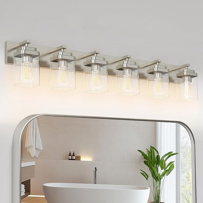 Brushed Nickel Bathroom Light Fixtures, 6 Lights Bathroom Lighting Fixtures Over Mirror, Square Design & Rectangle Large Backplate, Modern Vanity Lighting Fixtures, for Living Room/Bedroom