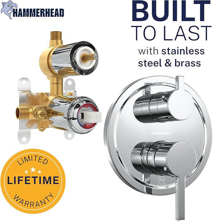 HammerHead Showers Solid Metal Shower Valve and Trim Kit, Two-Handle Volume and Temperature Control with Integrated Diverter, Pressure Balance Rough-In Valve Included, Chrome