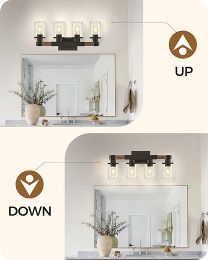4-Light Bathroom Light Fixture, Farmhouse Vanity Lights for Bathroom with Glass Shade, Rustic Bathroom Light Fixtures, E26 Base F09BD05