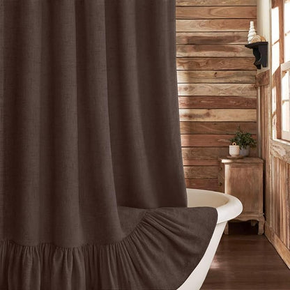Farmhouse Shower Curtain Ruffle Linen Flax Brown 72" W x 72" L | Linen Fabric, Farmhouse Boho, Bottom Ruffle, Rustic, Country, Natural Look, Washable, Shower Curtain for Bathroom Bathtub