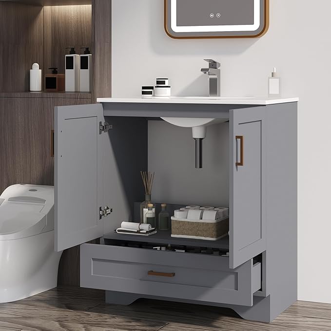 30 inch Bathroom Vanity with Sink, Modern Grey Vanity for Bathroom with Undermount Ceramic Sink, Freestanding 2-Door & 1-Drawer Storage Cabinet, for Small Bathroom Space, (Grey, 30")