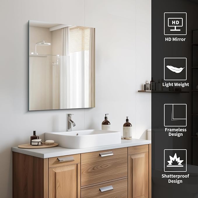 CILIBER Frameless Mirror, 24x30 Mirrors for Wall, Rectangle Bathroom Mirror for Over Sink, Frameless Vanity Mirror with Polished Edge, 3mm Tempered Glass, Hangs Horizontally or Vertically