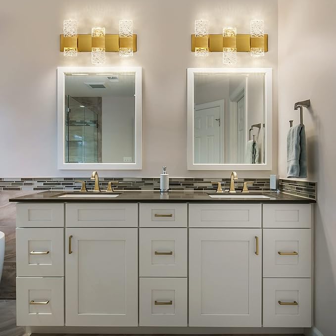 Gold Bathroom Vanity Light Fixtures Bathroom Light Fixtures Over Mirror 3-Light 4000K LED Crystal Wall Sconces Modern 30W Brushed Hardwired Wall Lights for Bathroom Bedroom Living Room