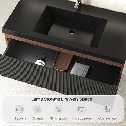 42 Inch Floating Bathroom Vanity with Sink, Wall Mounted Striped Storage Cabinet, Soft Close Drawer, Black Quartz Sand Basin, Fully Assembled, Smoked Walnut Finish