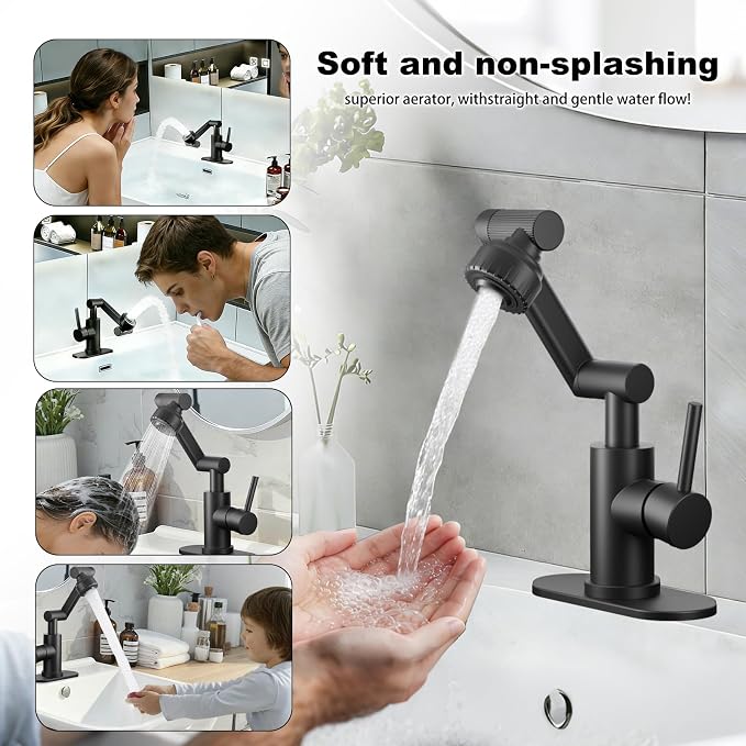 1080° Rotatable Bathroom Faucet, Black,SUS304, Dual Spray Modes | Stainless Steel Vanity Sink Faucet, Height Adjustable, Single & 3-Hole Mount, Universal 1080° Swivel, Grifo de baño giratorio