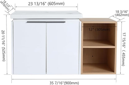 Malwee 36" Floating Bathroom Vanity with White Ceramic Basin Sink Top, 36 Inch Single Sink Wall Mounted Bathroom Vanity, with 2 Doors and Storage Shelve.MA07436