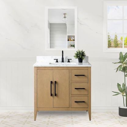 36 Inch Bathroom Vanity with Sink & Ceramic Top, Single Vanity Cabinet with Basin, Soft-Closing Doors & Matte Black Hardware, Natural Oak