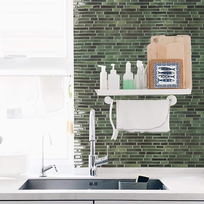 Art3d Peel and Stick Stone Design Wall Tile, 12 x 12 Inch, 10-Sheet, Green | Moisture Resistant, Strong Adhesive, Sturdy, Cleanable, Easy to Install, for Kitchen, Laundry Room, Ideal for New Home Buyers